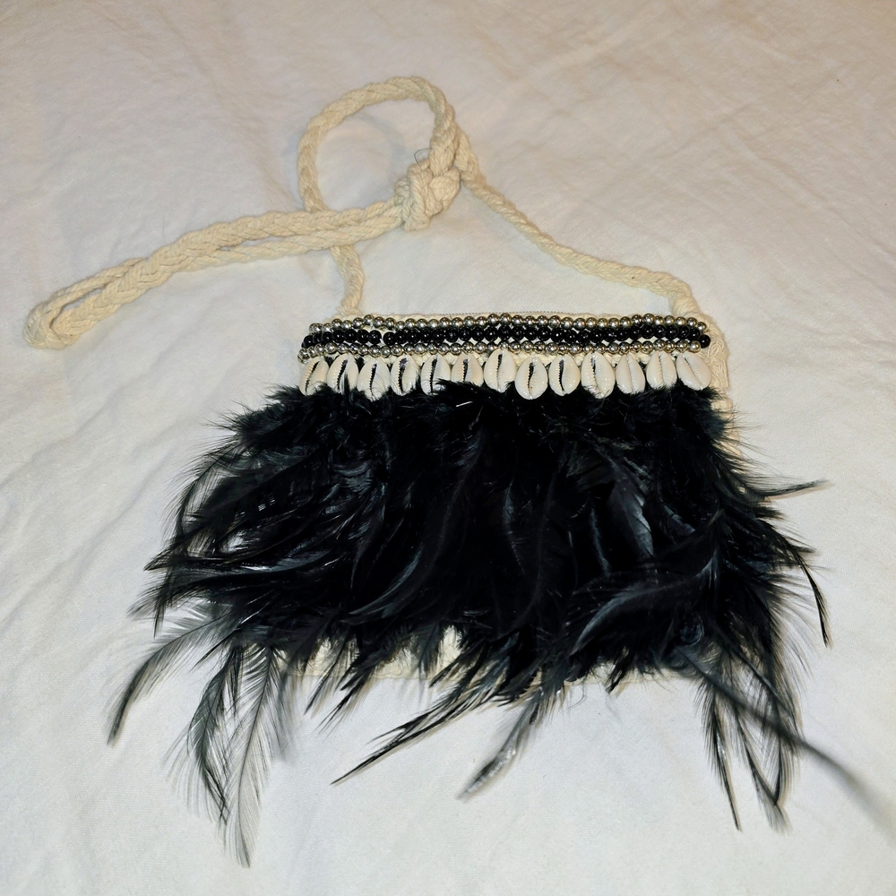 Exotic Feathered and Beaded Crossbody Bag w Cowlrie Shells
